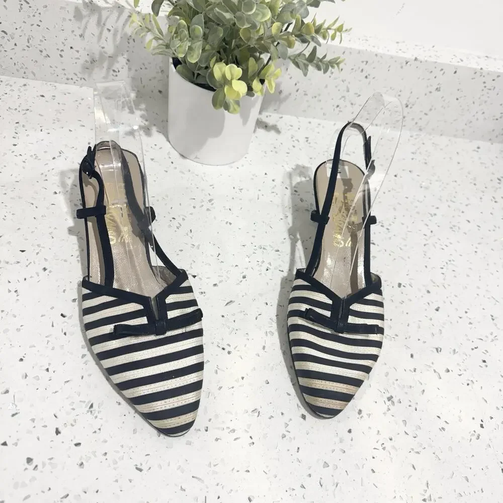 Salvatore Ferragamo striped slingback kitten heels Black Cream Striped Pointed 7